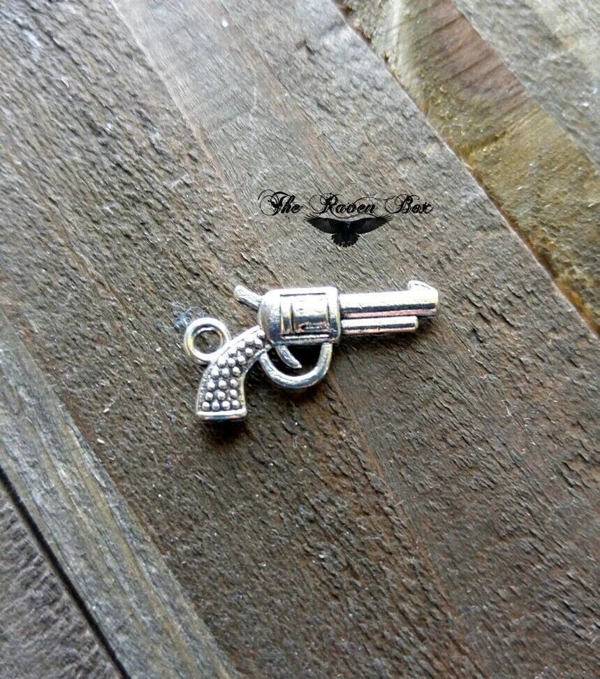 Gun Charm Antiqued Silver Pistol Pendant Western Jewelry Making 2 Sided ... - $1.97