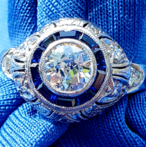 Earth mined Diamond Sapphire Engagement Ring 1.40 carat Deco Platinum Solitaire - $11,517.06 CAD