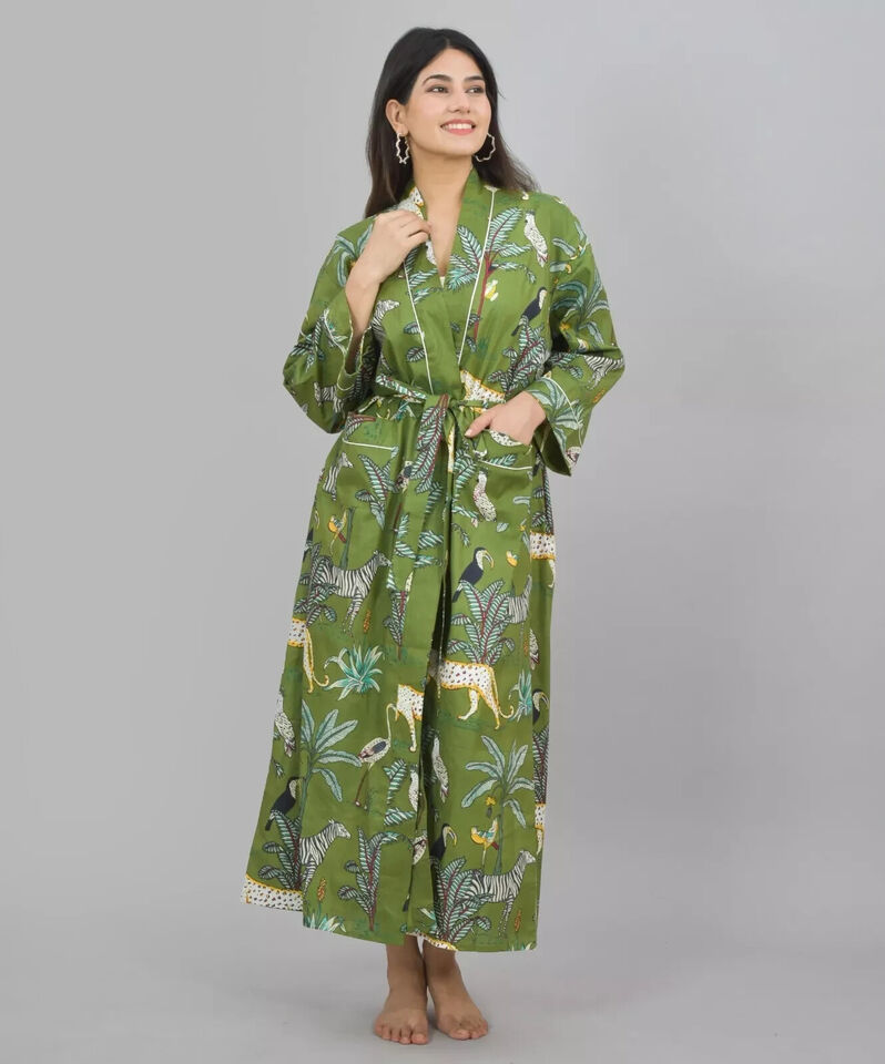 Indian Block printed House Robe Summer Kimono | Floral Beach Coverup Gown
