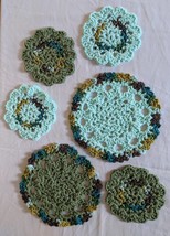 Crocheted Medallion Dishcloth and Coaster Set/Mint and Herbal Green - £11.99 GBP