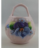 Vintage Miniature pink Ceramic Basket with figural purple flower - $21.50 CAD
