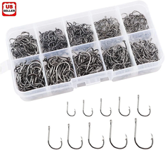 500Pcs Fish Hooks 10 Sizes Fishing Black Silver Sharpened with Box Quali... - £10.75 GBP