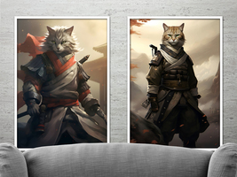 Samurai Cat illustration, set of 6 Wall Art Printable Artworks. - £5.53 GBP