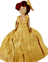 1950's Hard Plastic Doll Sleep Eyes Red Hair Gold Shimmer Gown Dress - 8" Tall image 3