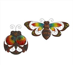 Ladybug and Bee Wall Plaques Large Size Set of 2 Glass Iron Copper Color Wings