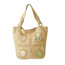 TOUS Beige Leather Signature Bear Embroidery Patchwork Tote Handbag Shou... - $177.21