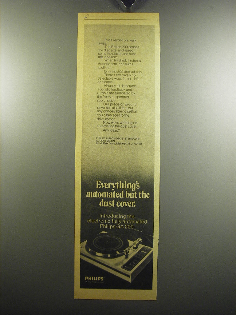 1975 Philips GA 209 Turntable Ad - Everything's automated but the dust cover - $18.49