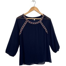 Anthropologie Skies Are Blue Aztec Embroidery Sheer Lined Blouse Navy Blue S - $34.64