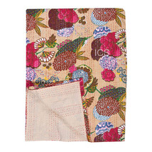 Indian Cotton Peach Fruit Print Bedspread Kantha Quilt Throw Blanket Bed Cover - £43.65 GBP+