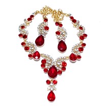 Red Statement Necklace, Necklace Earring Set, Colorful Crystal Necklace, Rhinest - £34.34 GBP