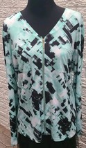 Ellen Tracy Top Womans Large Blue Black White L  Sleeve Blouse zip Front - $22.84 CAD