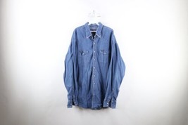 Vintage 90s Wrangler Mens 3XL Distressed Western Denim Jean Button Shirt Blue - £39.52 GBP