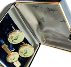 Swordfish Cufflinks Tie Clasp Set w Box Gold Tone Round Tux Shirt Dress Suit Vtg - £62.21 GBP