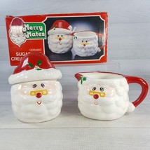 Vintage Merry Mates Ceramic Sugar &amp; Creamer w Spoon Set Santa Claus Chri... - £14.93 GBP