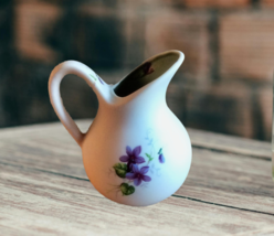 Hand Painted Purple Flower Motif Mini Pottery Pitcher Small Ceramic Vase - £12.05 GBP