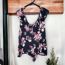 Black and Pink Floral Print Flowers With Ruffle Tie Bottom Tank Top Size 3XL - £8.69 GBP
