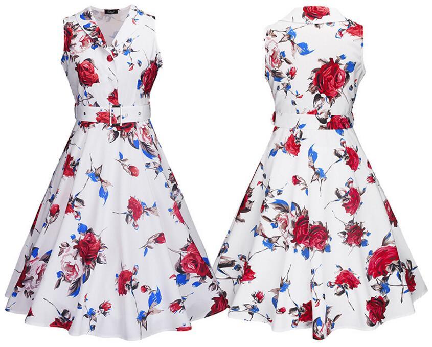 Primary image for Printed floral A-line skirt retro Hepburn sleeveless single-breasted belt dress