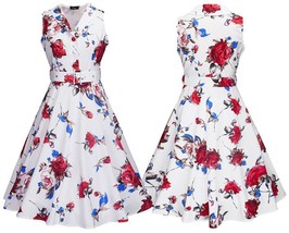 Printed floral A-line skirt retro Hepburn sleeveless single-breasted bel... - $30.80