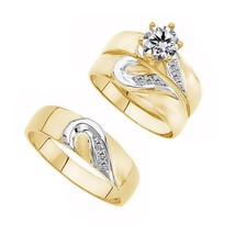 14K Yellow Gold Plated Real Moissanite Heart Wedding Band Solitaire Ring Set 3Pc - £213.96 GBP