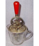 Vintage A &amp; J Two Cup Measure Pitcher with Red Wood Handle Egg Beater Whip - £19.87 GBP