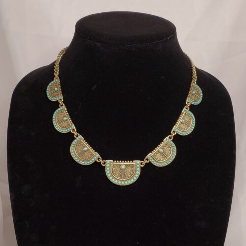 Lucky Brand Gold Tone & Turquoise Blue Inca Collar Necklace 18 inches Adjustable - $19.79