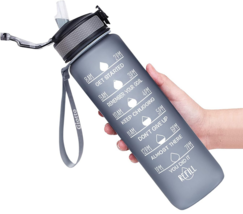 32oz Drinking Water Bottle Hydration Tracker Leakproof Straw Wide Mouth Gray - £13.72 GBP