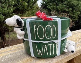 Rae Dunn Peanuts 3-D Snoopy Dog Bowls Food &amp; Water Dishes Dark Green Set New 5” - £26.37 GBP