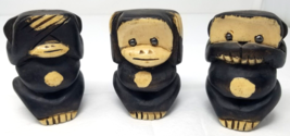 Three Wise Monkeys Figurines Wood Hand Carved Painted See No Japanese 1970s - £22.74 GBP