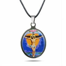 CRUCIFIXION OF CHRIST NECKLACE Stainless Oval Pendant Catholic Saint Jes... - $2.95