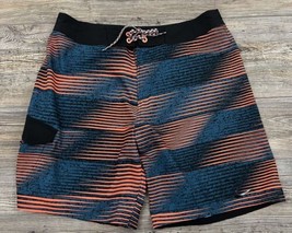 Nike Board Shorts Swim Trunks Men&#39;s 34 Blue Black Geometric Striped Swoosh - £11.63 GBP