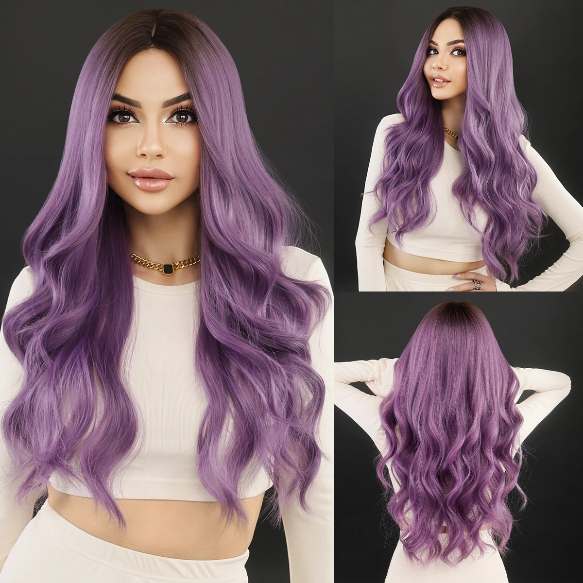 NAMM Long Wavy Purple Hair Wig for Women Cosplay Daily Party Synthetic Wig wi - £16.31 GBP+