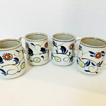 4 Floral Stoneware Pottery Ceramic Coffee Tea Mug Blue Yellow Flowers Set Vtg - £13.62 GBP