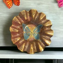 Butterfly Dish Glass 5.5” Ashtray Ruffled Trinket Holder Handpainted Blu... - $31.21