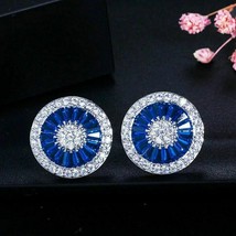 2.80Ct Baguette Cut Blue Sapphire Halo Stud Earrings 14K White Gold Finish - $94.24