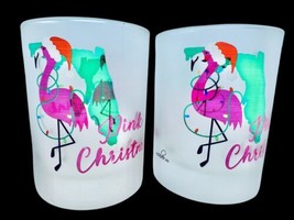 Culver Ltd Pink Christmas Flamingos Florida Frosted Barware Set Lowball Glasses - £32.10 GBP