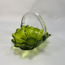 Vintage Green Glass Candy Nut Dish Bowl Clear Top Handle - £17.12 GBP