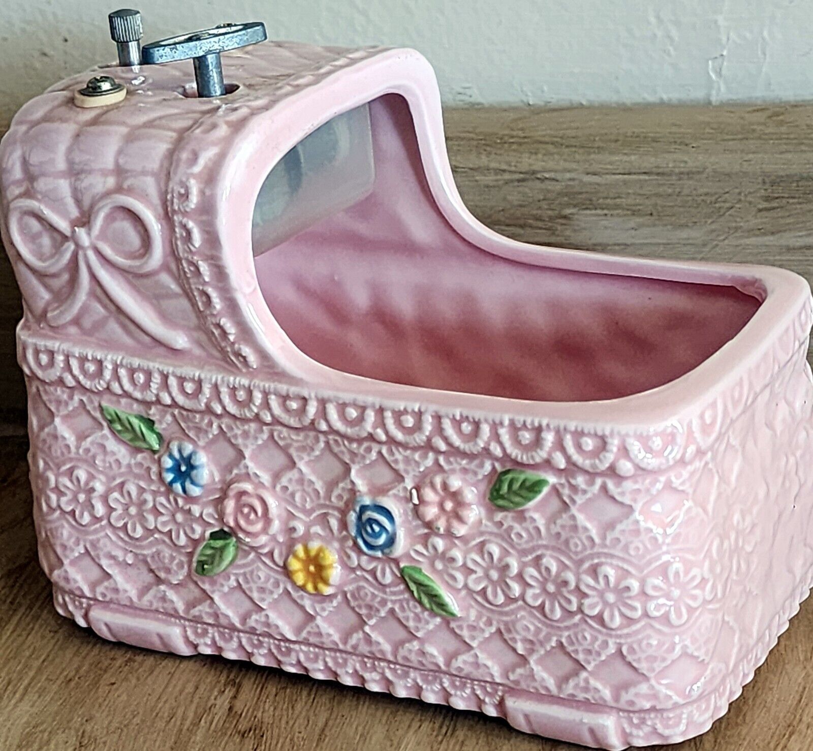 Napco Pink Bassinet Music Box Rock A Bye Baby Nursery Hand Painted Ceramic - $11.69