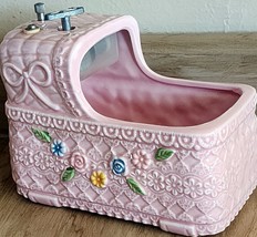 Napco Pink Bassinet Music Box Rock A Bye Baby Nursery Hand Painted Ceramic - £9.23 GBP
