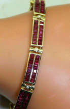 14K Yellow Gold Over 10 Ct Princess Cut Simulated Red Ruby&amp;Diamond Gift Bracelet - £134.12 GBP