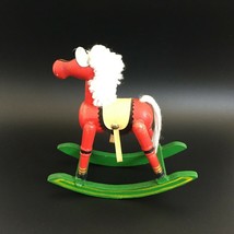 Vintage Small Wood Rocking Horse Toy w/ Fur Leather Christmas Decor Folk Art 7½&quot; - £21.57 GBP