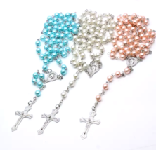 Lot of 3 Imitation Pearl Bead Rosary - Light Pink, Light Blue Aqua &amp; White - £14.93 GBP