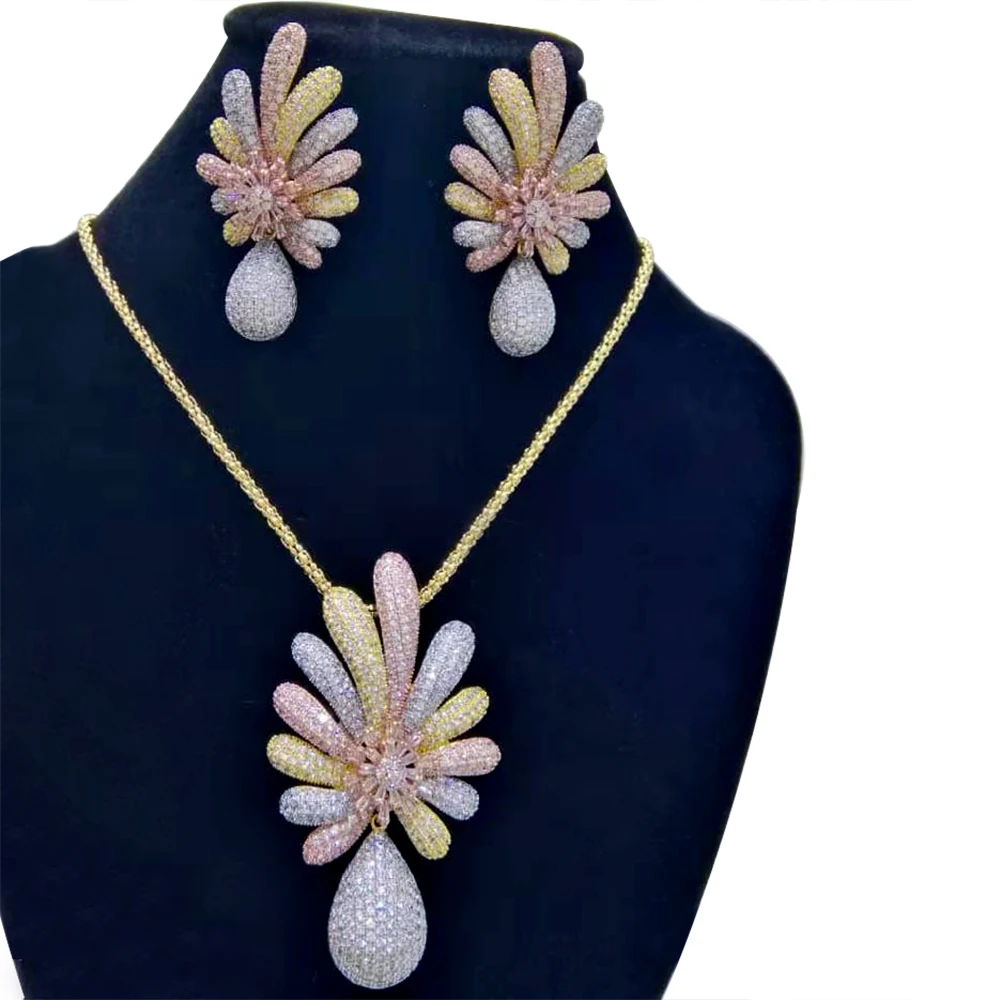 Luxury 2PCS Flower Leaf Necklace Earring Set Dubai Wedding Jewelry Sets Engageme - £101.72 GBP