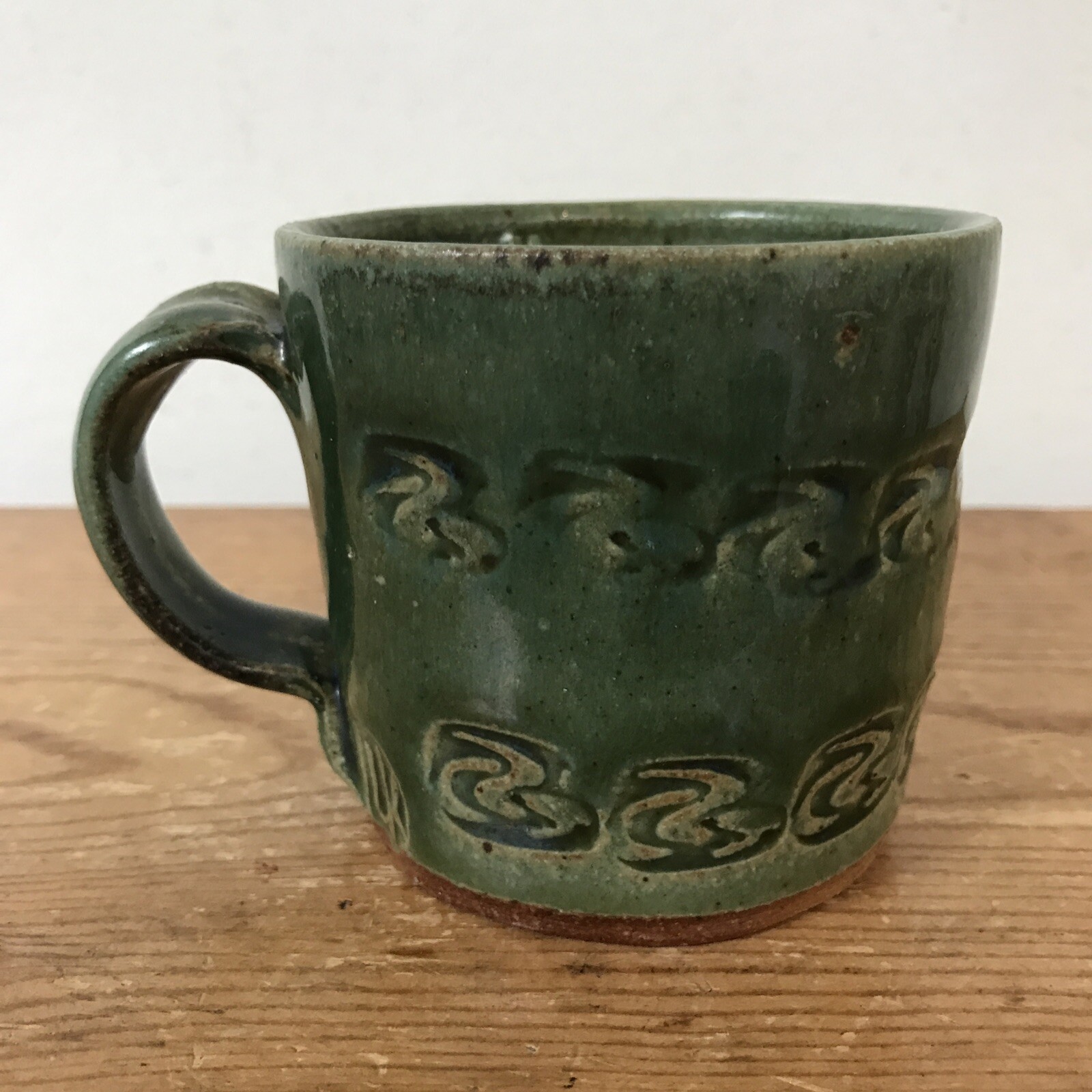 Vtg Handmade Stoneware Green Glossy Patterned Art Studio Pottery Coffee ... - $26.72