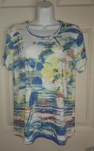 J Bee Short Sleeve Embellished Multicolor Floral Top Blouse Size Large - £9.26 GBP