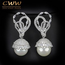 Elegant Shape Silver Color CZ Stone Paved Dangling Round Big Pearl Drop Earring  - £19.36 GBP