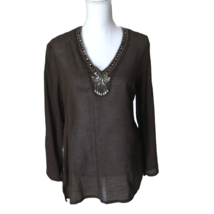 Thrill Vintage Y2K Boho Embellished Tunic Top Size M Lightweight Cotton Brown - £17.93 GBP