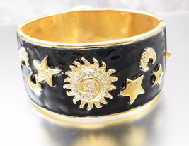 Black Enamel Celestial Theme Cuff  Bracelet With Rhinestones - £23.89 GBP