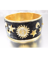 Black Enamel Celestial Theme Cuff  Bracelet With Rhinestones - £23.98 GBP