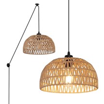 Bamboo Pendant Light With Switch - Modern Plug In Rustic Woven Rattan Lampshade  - £47.87 GBP