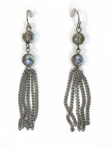 Silver Tone &amp; Iridescent Bead Dangle Drop Earrings Fringe Tassel - £8.60 GBP